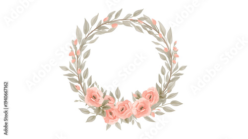 Hand Painted Watercolor Floral Element with Pink Flowers and Sage Green Foliage