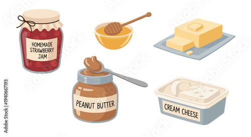 Various breakfast spreads and condiments are neatly arranged in a delightful illustration, featuring jam, honey, peanut butter, butter, and cream cheese for a wholesome meal.