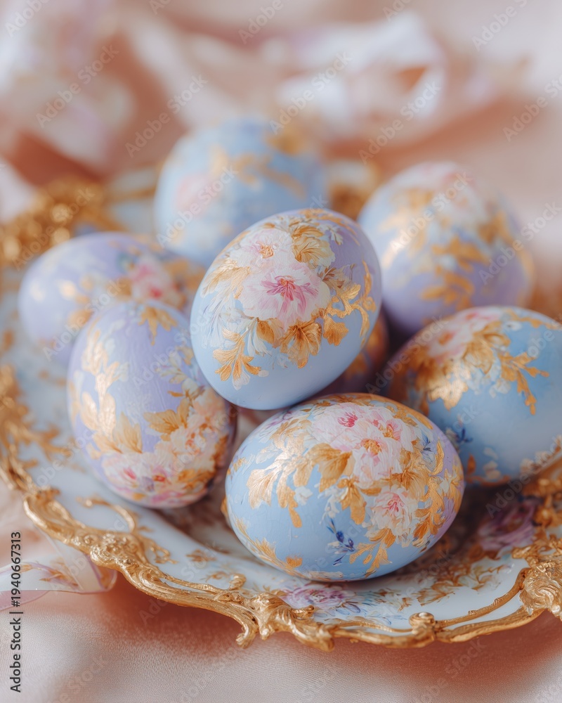 Fototapeta premium Luxurious pastel eggs with intricate gold leaf vines arranged on an ornate plate, surrounded by soft fabric, ideal for Easter celebrations or decorative displays