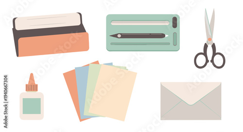 Various stationery and craft supplies are neatly arranged, showcasing essential tools for creative projects, schoolwork, and everyday office tasks.
