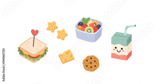 Delicious healthy lunch and snack items are perfectly arranged in a charming flat design style, representing a balanced meal for children or adults.