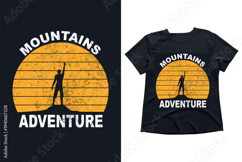 Mountain adventure t-shirt design, vintage outdoor badge, retro hiking nature illustration, wilderness explorer vector, sunset peaks emblem