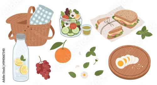 Picnic food items and basket filled with delicious sandwiches, fresh salad, fruit, and refreshing drinks, ready for a delightful outdoor meal.