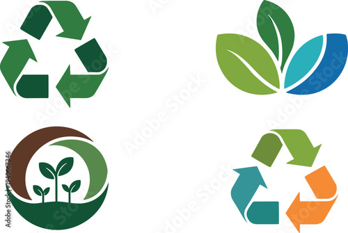 Eco recycling and green leaf environmental sustainability icons set for nature conservation concept