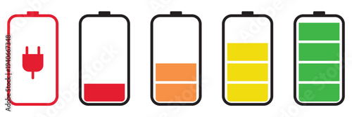 Battery charging indicator icon vactor set. Battery Charging Icon symbol, Set of 5 outline icons  battery, charger, Battery indicator symbols, symbol background
