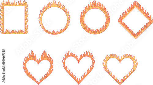 Flaming frame shapes and fire heart icons set with burning borders decorative flame design