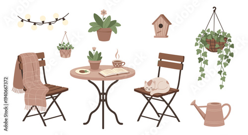 Cozy garden patio elements with furniture, plants, and a sleeping cat arranged to evoke a serene and inviting outdoor leisure space.