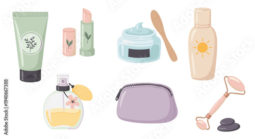 Various beauty and skincare products for daily self-care routine are neatly arranged, showcasing a collection of natural cosmetics and tools.