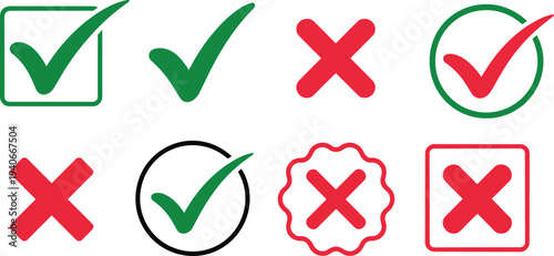 Green check mark and red cross icons collection for approval, rejection, validation and confirmation symbols