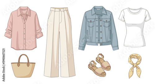 Women's clothing collection features a stylish array of casual fashion items and accessories for a complete spring or summer outfit.