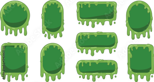 Green slime dripping frames collection cartoon goo borders spooky Halloween slime shapes vector illustration set