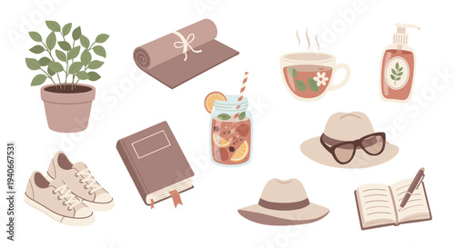 Various lifestyle objects for relaxation and comfort, such as books, hats, refreshing drinks, a plant, and a yoga mat, are presented in a charming flat lay illustration.