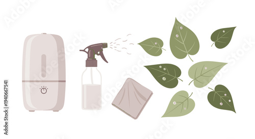 Plant care items including a humidifier, spray bottle, and leaves depicting essential tools for maintaining healthy indoor plants and their environment.
