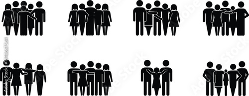 Group of people silhouettes teamwork community friendship and family support icons set isolated vector illustration