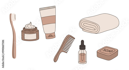 Personal care items and beauty products arranged for daily routine, including a toothbrush, cream, lotion, towel, comb, serum, and soap.