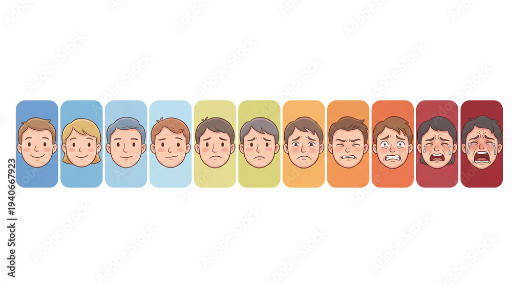 Obraz premium Medical facial pain assessment chart, presented in soft colors from 0 to 10, Illustrated pain level chart for healthcare, Clipart with pain indicator emojis on a transparent background