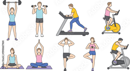 People exercising at gym fitness workout activities including treadmill cycling yoga and weightlifting vector illustration set
