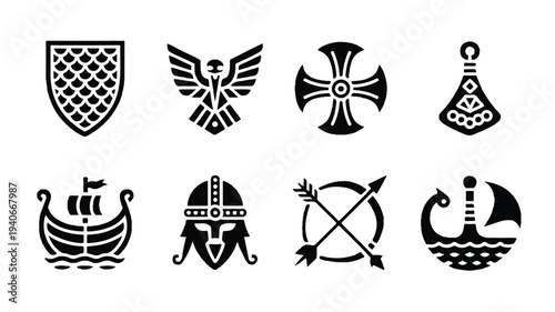 Viking symbols and objects on white background