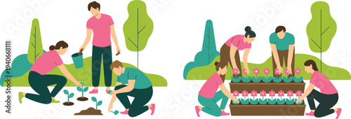 People planting flowers and seedlings together in garden teamwork outdoor gardening activity flat vector illustration