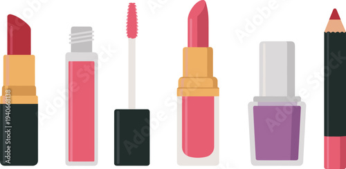 Set of cosmetic makeup products lipstick lip gloss mascara nail polish and lip liner vector illustration