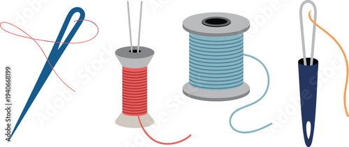 Sewing tools vector set with needle thread spools and seam ripper isolated tailoring craft illustration