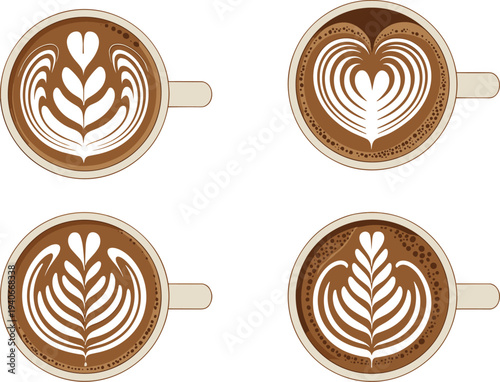 Top view latte art coffee cups set with decorative foam patterns vector illustration isolated