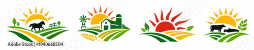 Agriculture logo collection featuring sunrise fields with cow and fence, barn and windmill, red sun with leaves, and grazing cattle. Ideal for harvest, dairy, and eco brands.
