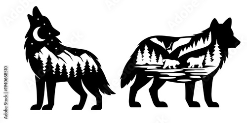 Two black wolf silhouettes filled with night mountains, pine trees, lake and crescent moon. Double exposure wilderness scene with bears and stars, ideal for logo, poster or apparel print on white.