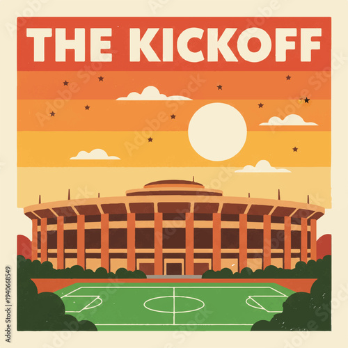 Vector illustration of soccer stadium at sunset, sports event poster
