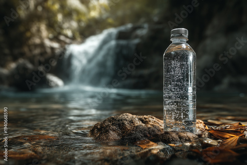 A clear plastic bottle of sparkling water resting on a wet rock in a shallow stream, with a waterfall and lush jungle greenery.