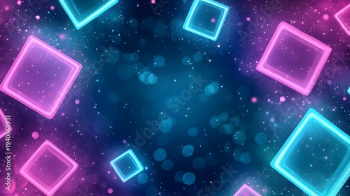 Geometric shapes glow with bright neon light against a dark, star-filled background
