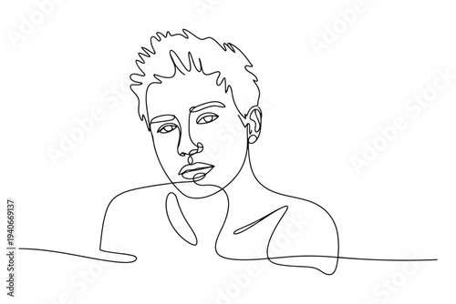Minimalist black and white line of a contemplative person with short textured hair