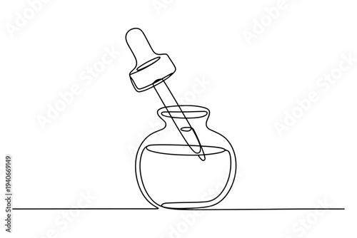 Minimalist black and white line of a dropper bottle on a flat surface vial liquid