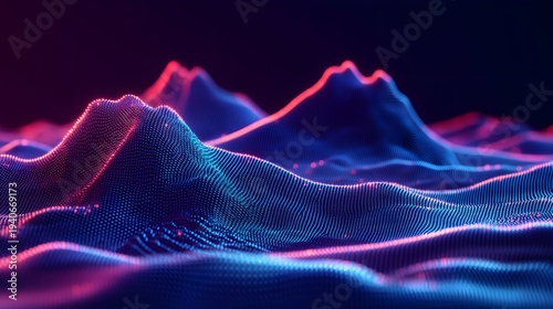 Digital topography displays peaks and valleys illuminated with vibrant neon light against a dark background