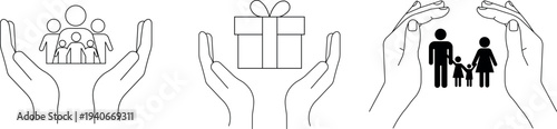 Hands holding family and gift outline icon set vector silhouette symbolizing love care and support isolated on transparent background