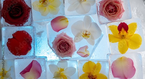 Vibrant flowers and petals frozen in clear ice cubes create a stunning visual effect