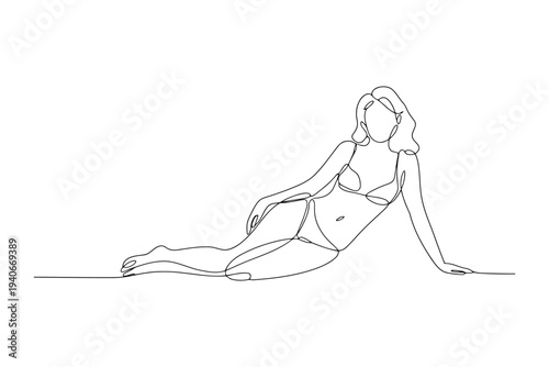 Minimalist black and white line of a seated woman in a reclined pose line single line continuous line