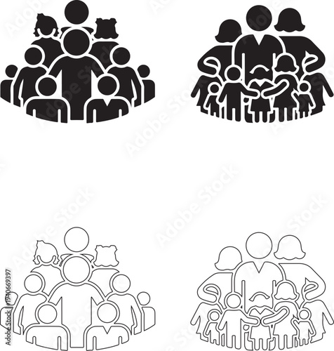 Community support and social unity icon collection. Thin outline vector symbols for diversity, teamwork, equality, family connection and nonprofit community services..eps