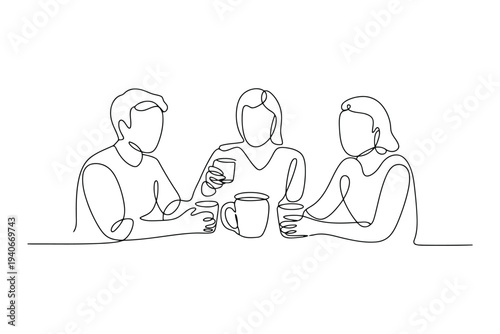 Three people sitting at a table holding cups in minimalist line 1