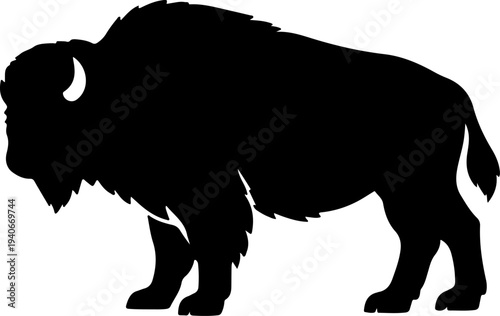 A striking silhouette of a majestic american bison stands in profile showcasing its powerful build and iconic features.