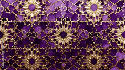 Intricate purple and gold geometric mosaic design repeats across a luxurious textile surface