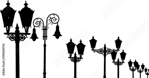 A series of black silhouettes of street lamps on a white background