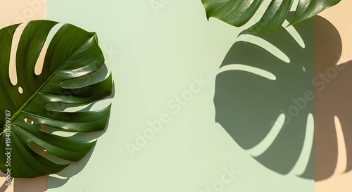 Elegant Monstera leaves against a soft pastel backdrop with intriguing shadows and sunlight, perfect for adding a touch of nature and serenity to designs