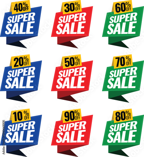 Mega set of super sale discount badges, colorful origami style promotional banners from 10 to 90 percent off, marketing labels for retail and e-commerce.