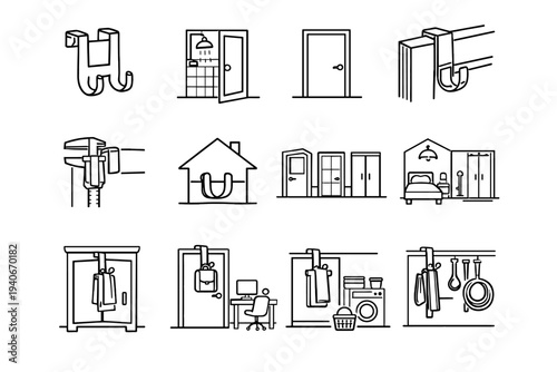 Household interior fit over sizing standard icon towel door installation compatibility vector