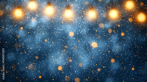 Glowing string lights illuminate falling snow particles against a dark blue background