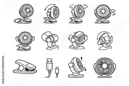 Usb outline usability accessory clean control desk icon vector fan pivot joint