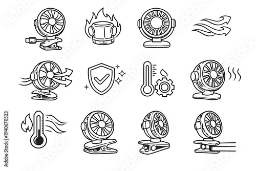 Safe efficient geometry neat refined icon vector build housing usb fan icons
