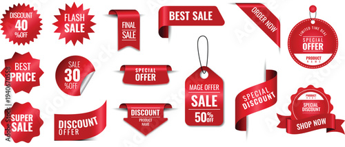 Mega set of red sale badges and banners, realistic 3d discount stickers, ribbons, and price tags with special offer and flash sale text on white background.