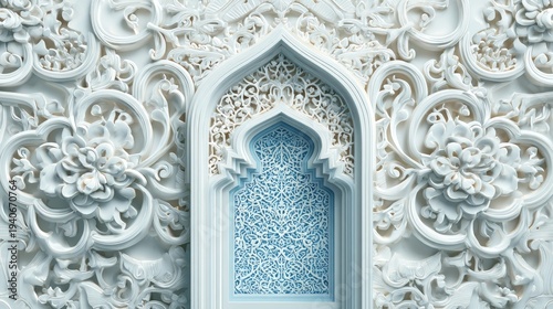Intricate white architectural bas-relief carving displays detailed floral patterns surrounding a central arched niche